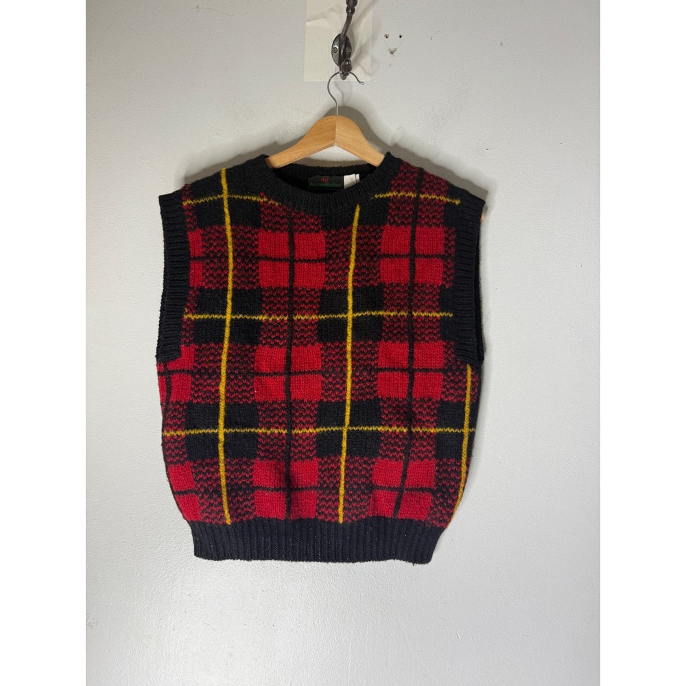 Vintage Abercrombie & Fitch Red Black Plaid Wool Sweater Vest Small Womens